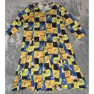 Shana Abstract Art Knit Dress Womens Sz XL‎ Yellow Blue Lagenlook Geometric